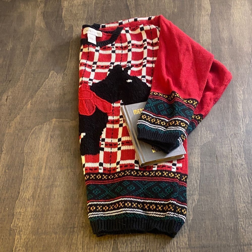 Vintage Plaid Scotty Dog Sweater Fair Isle Trim